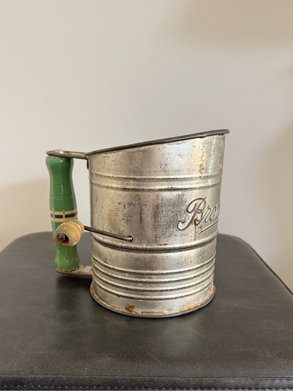 Vintage Bromwell Hand Flour Sifter with Green Wooden Handle